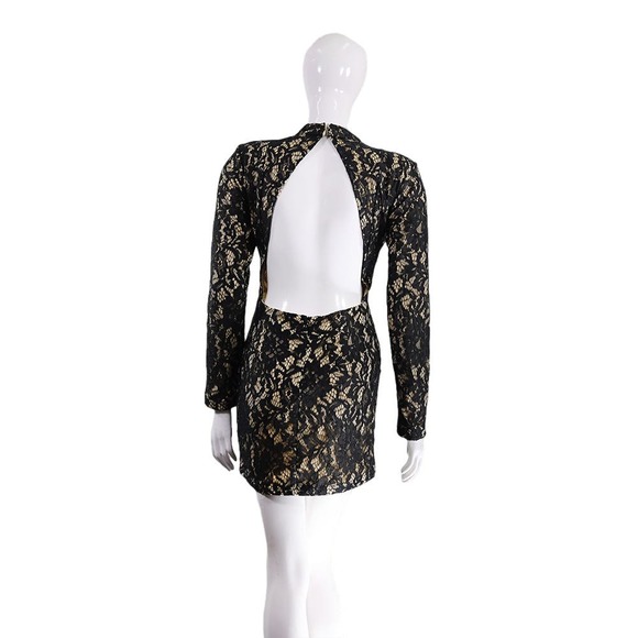 Elegant Black Gold Lace Mini Dress, Long Sleeve Bodycon - Picture 3 of 6